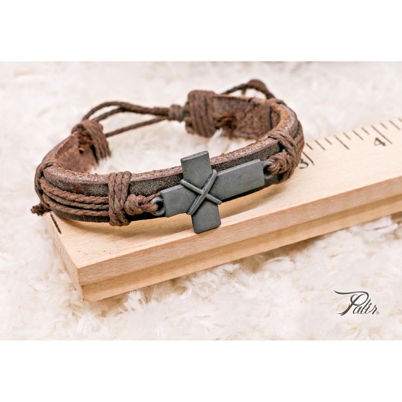 Hand Aged Cross Leather Bracelet Adjustable Christian Boho Rustic Gift Men Women - Picture 6 of 6